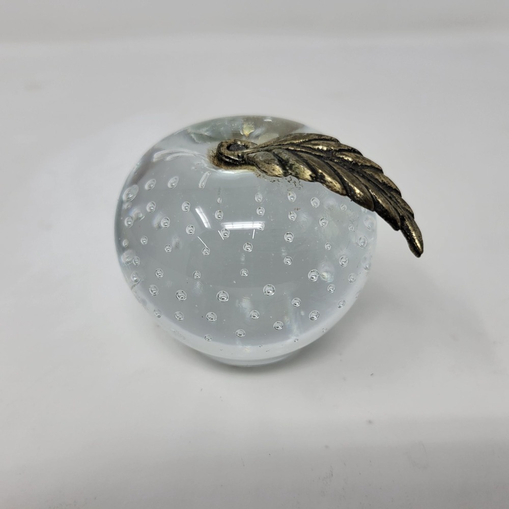 Glass Apple Paperweight With Bubble Design & Metal Leaf